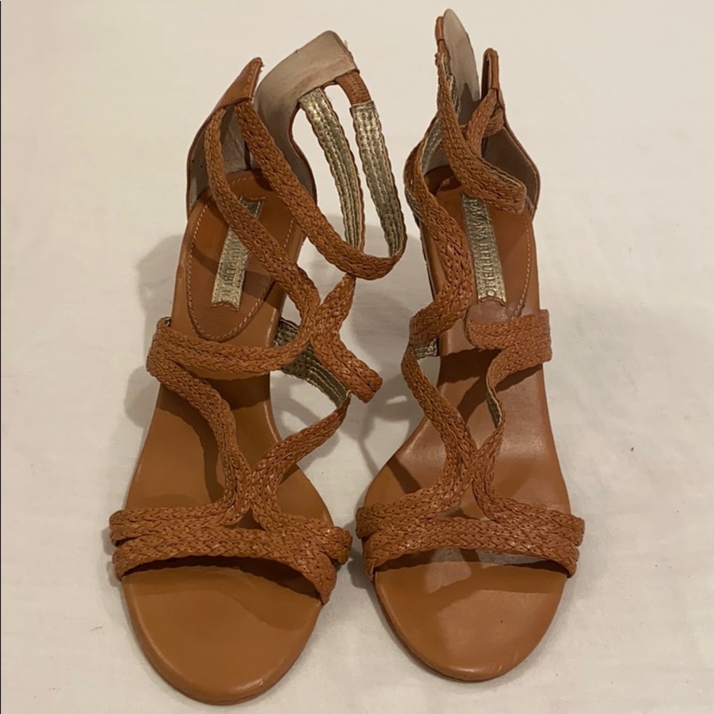 Tan sandals with a low heel